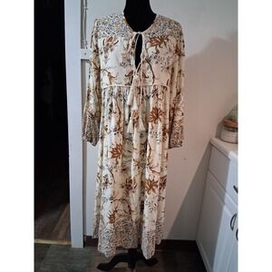 R.Vivimos Womens Boho Floral Paisley Midi Dress Cream Rust Size M 8/10 Tassels